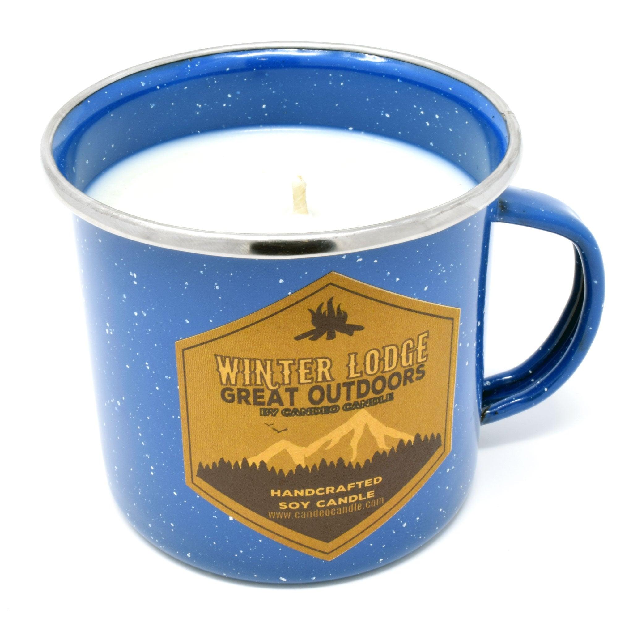Winter Lodge, Soy Candle in Enamel Camping Mug, 10oz - Candeo Candle